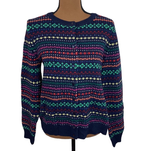 Talbots navy wool blend fair isle colorful sweater cardigan with sequins size L - Picture 1 of 13